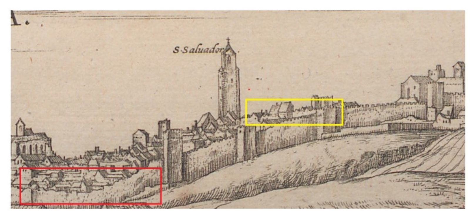 Joris Hoefnagel, Vista de Xeres de la Frontera, 1565. Señalización de los deterioros de la muralla sur a la izquierda y un posible muro interior en conexión con la muralla a la derecha (Braun y Hogenberg, Civitates Orbis Terrarum, fol. 6 vto.).
