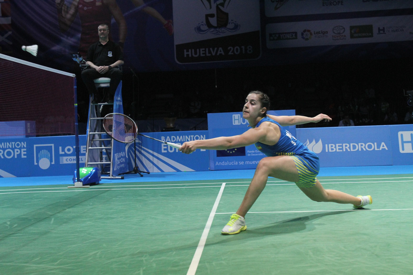 Partido y victoria de Carolina Marín en el Europeo de Bádminton celebrado en Huelva