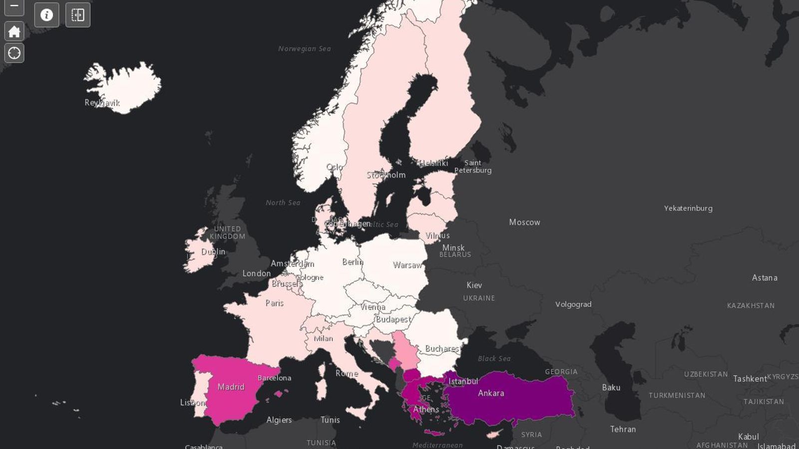 Captura de pantalla del visor lanzado por Esri para monitorizar la tasa de desempleo femenina en ciencia y tecnología en Europa.