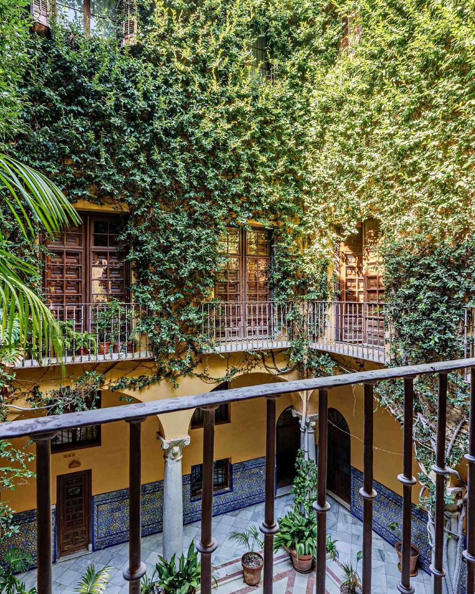 Patio andaluz interior de la propiedad de Málaga, decorado con vegetación.