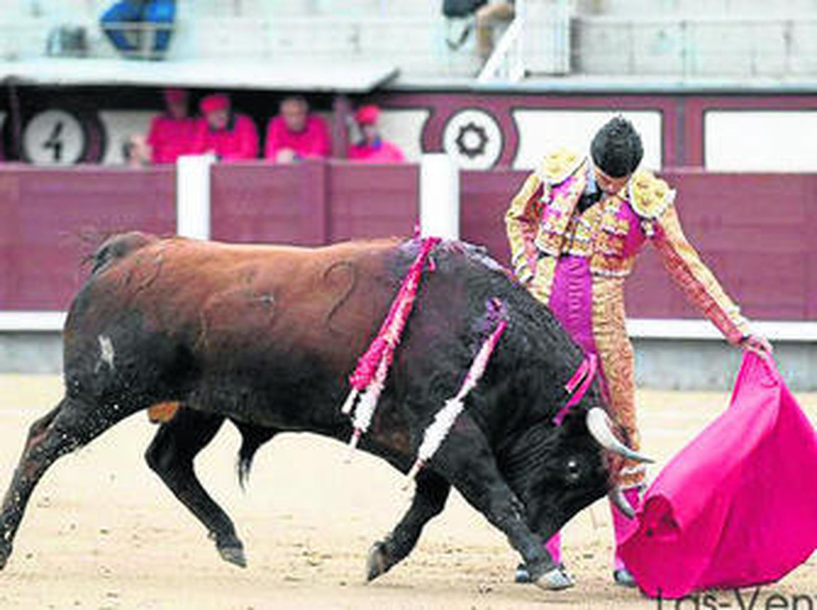 El novillero sevillano Pablo Aguado, ayer, en un natural en Las Ventas.