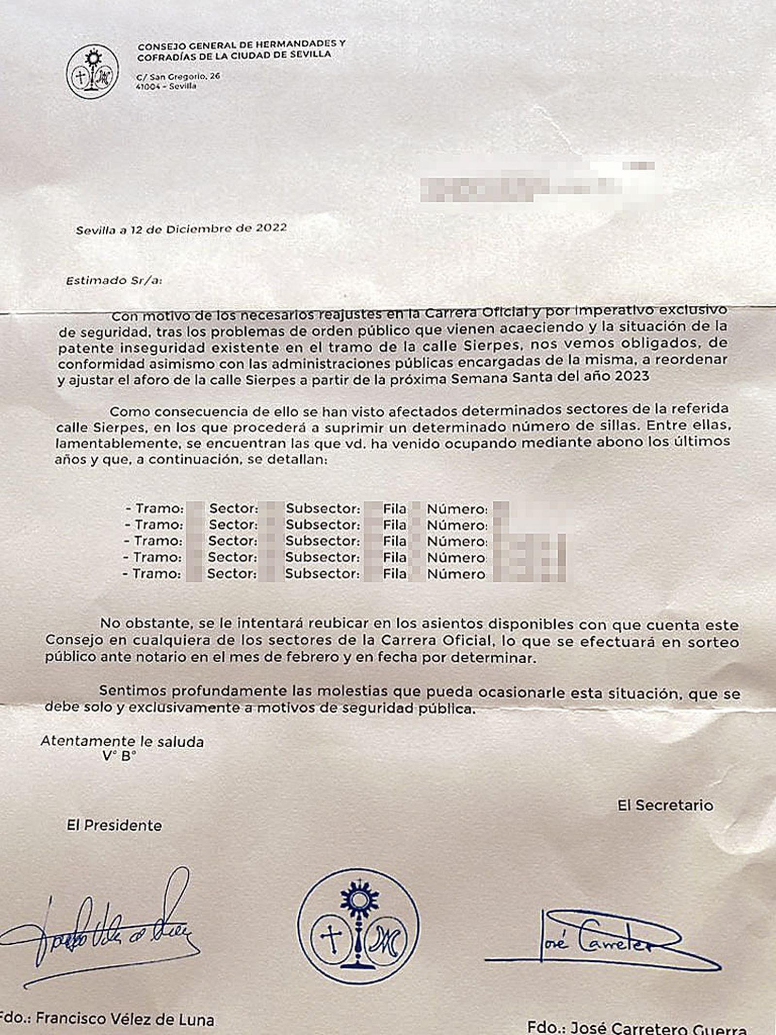 Detalle de la carta remitida a uno de los abonados afectados de Sierpes.