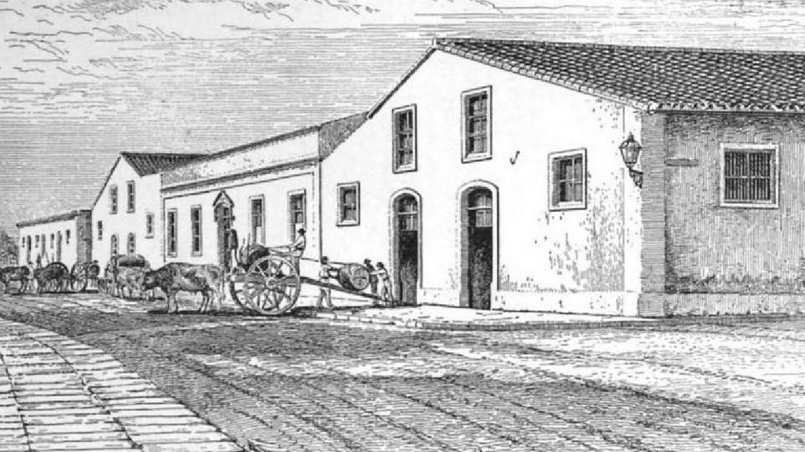 Grabado de 1884 de las bodegas Sandeman, calle Pizarro.