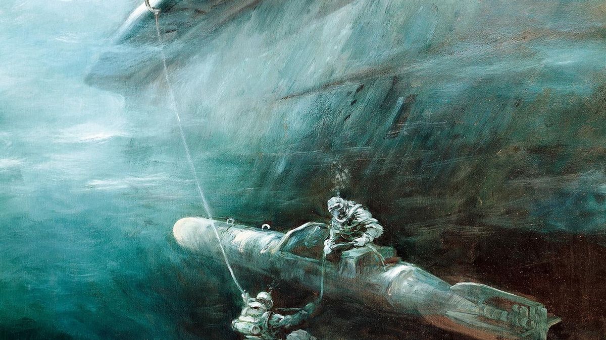 'Los medios de asalto italiano efectuando una operación submarina', obra del pintor austríaco Rudolf Claudus.