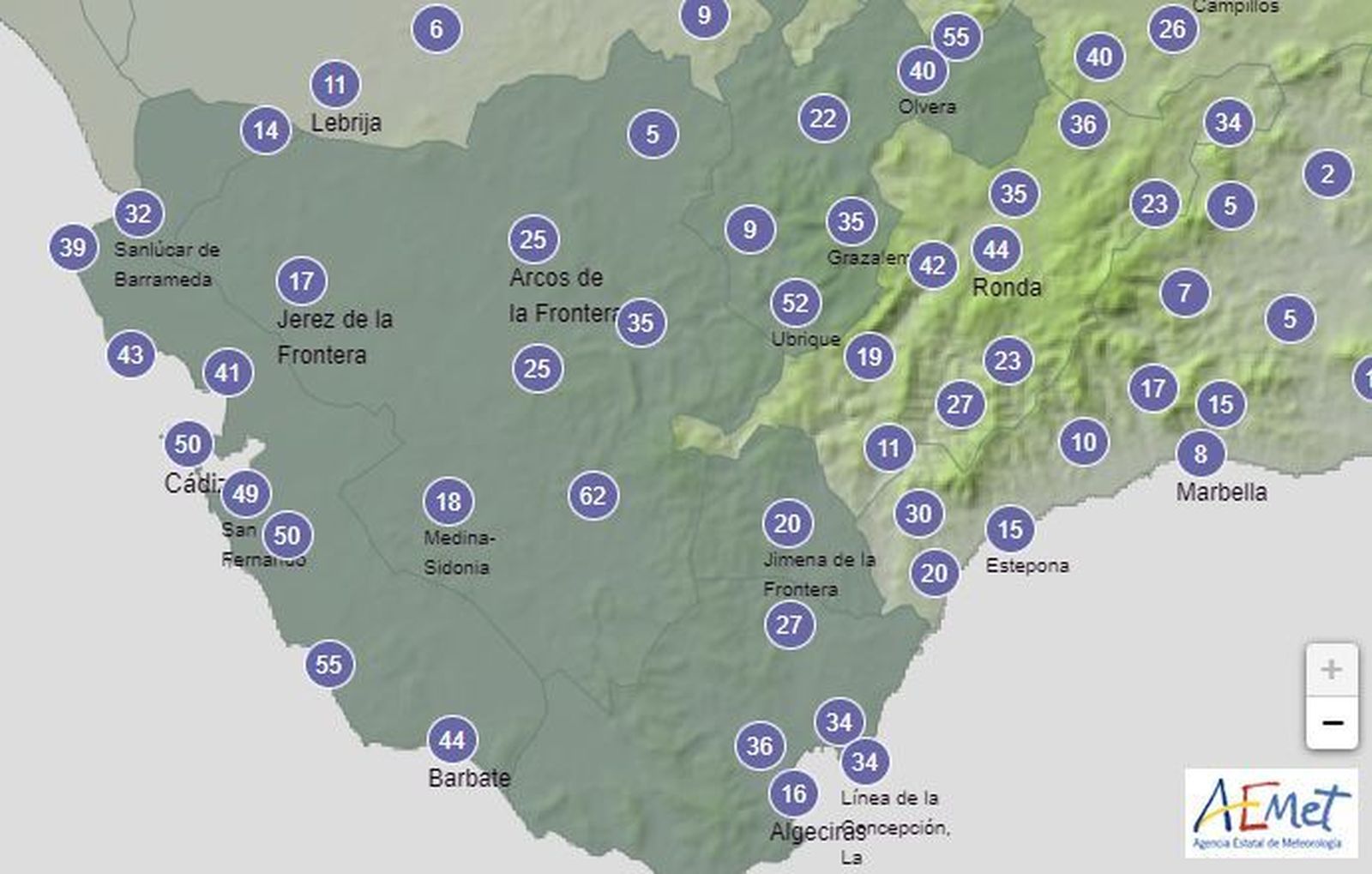 Rachas máximas de viento en la provincia