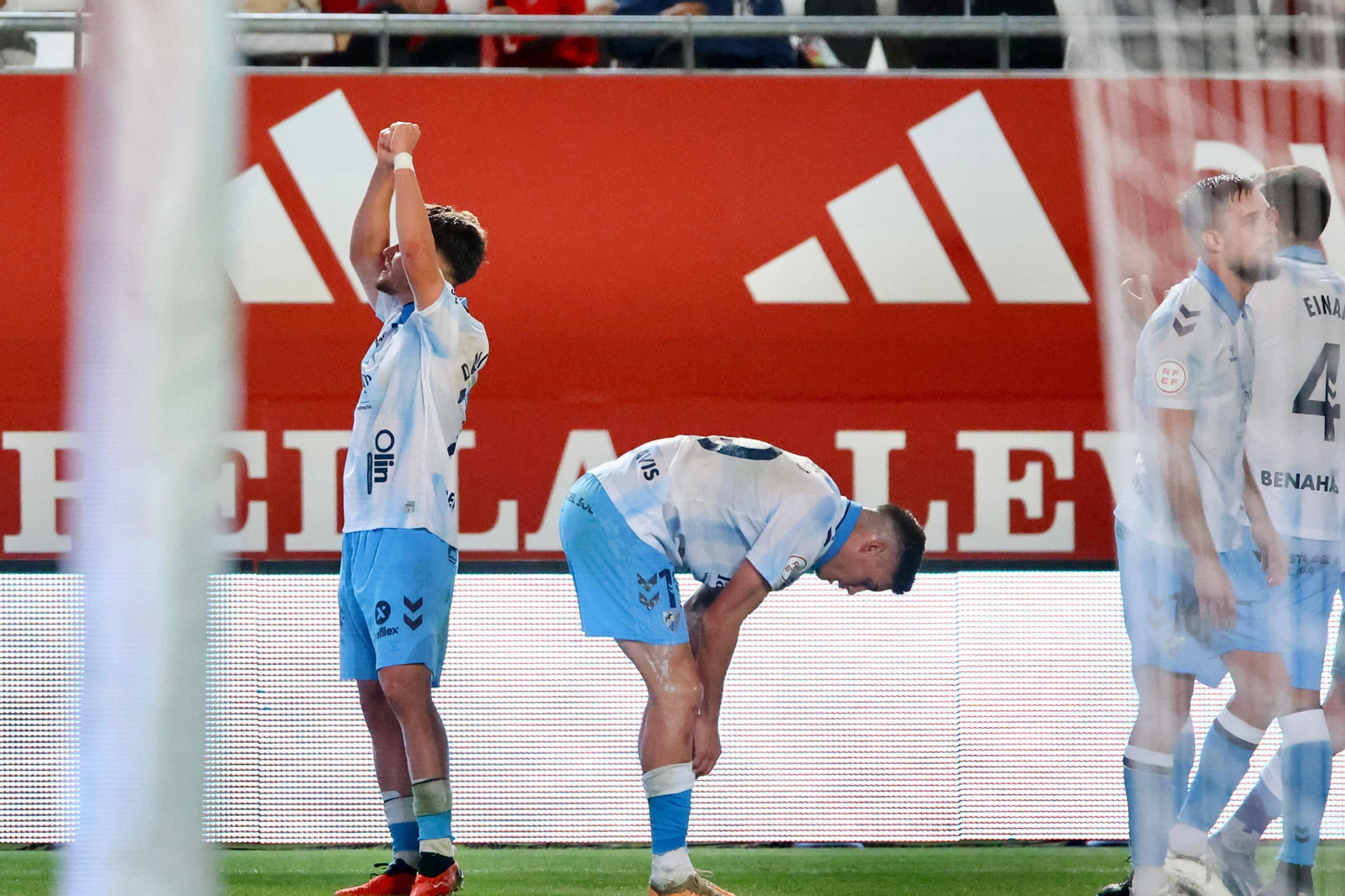 Los jugadores celebran un gol en el Real Murcia - Málaga CF