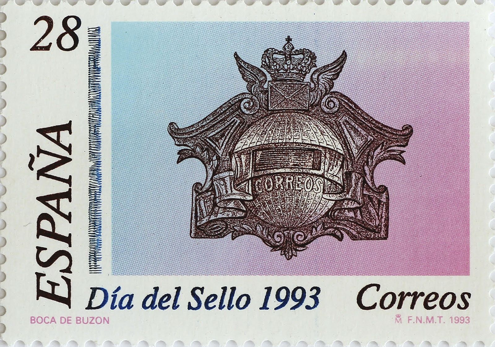 Sello de 1993, reproduce el realizado en Cádiz en 1908, lleva por cimera la Corona Real y bajo ella un sobre alado que se apoya en el globo terráqueo; al centro, una banda que da acceso al buzón y la leyenda CORREOS. Se conserva en el Museo Postal