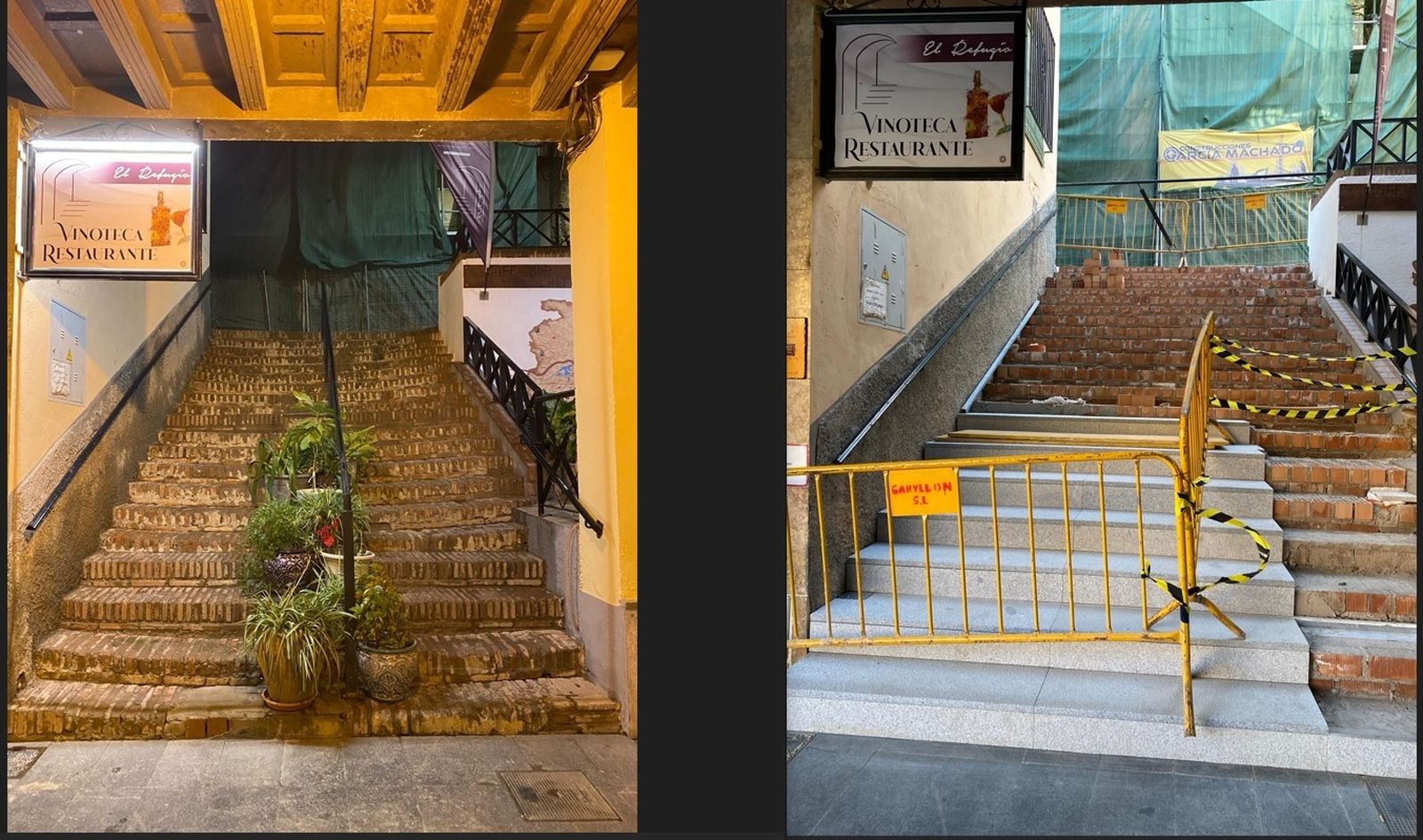 Las escaleras, antes y después de la intervención.