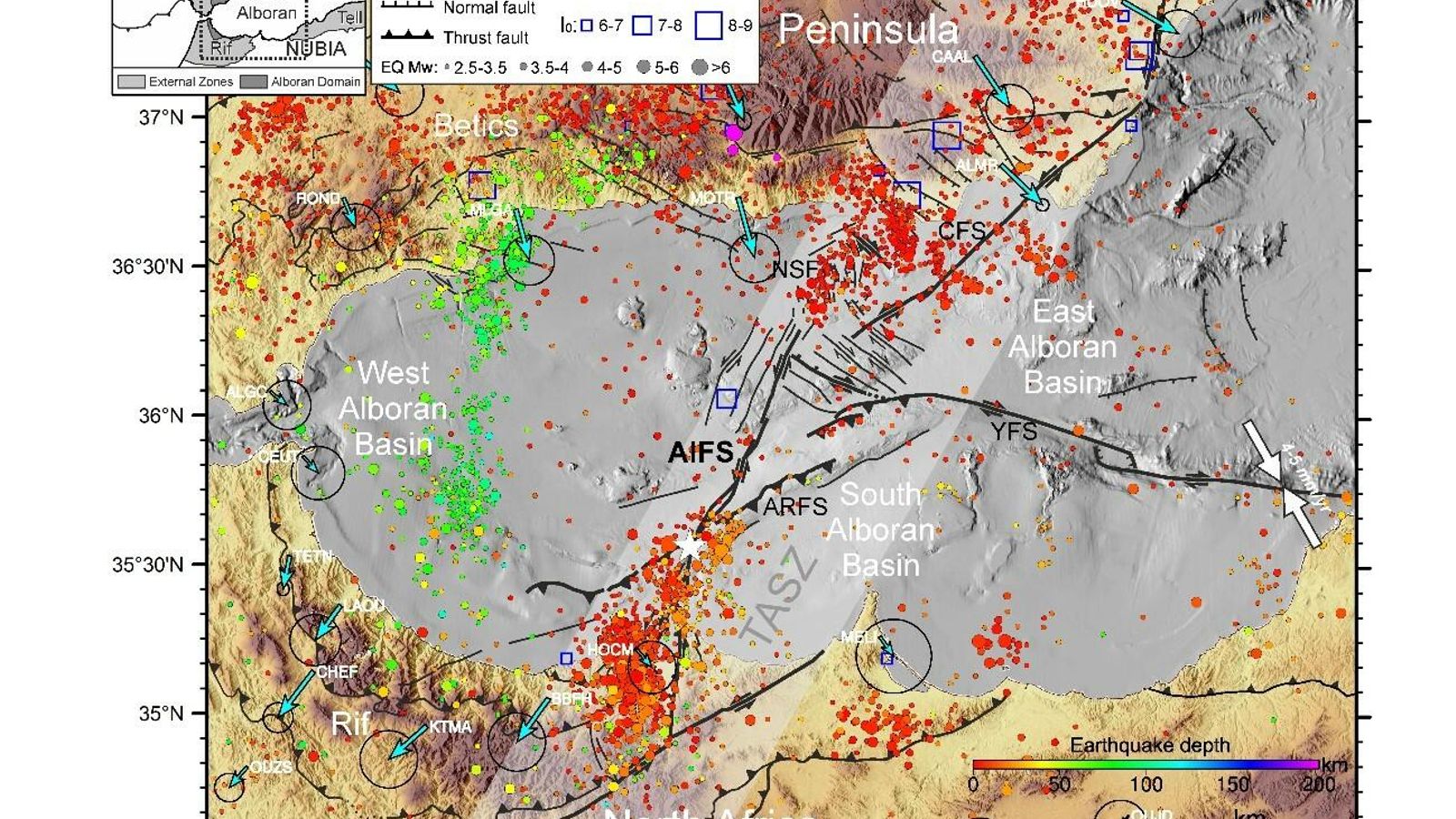 Configuración tectónica y sismicidad en el Mar de Alborán. La estrella blanca muestra el epicentro del terremoto que se produjo el 25 de enero de 2016, de magnitud (Mw) 6.4.