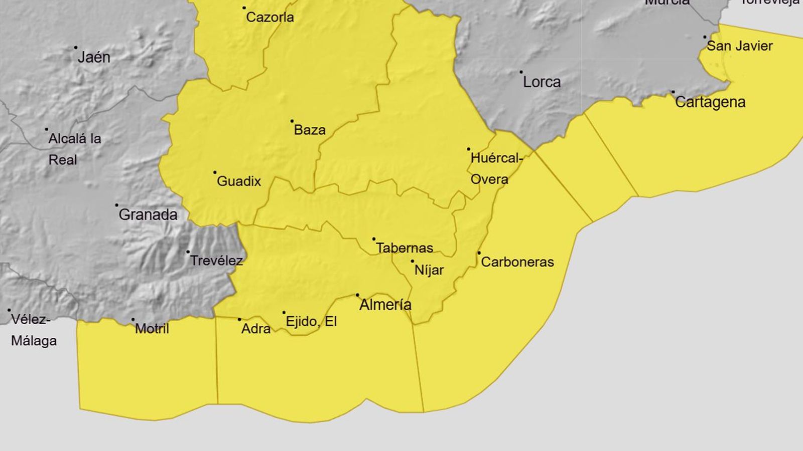 Mapa de alertas por viento en Almería el sábado 22 de marzo.
