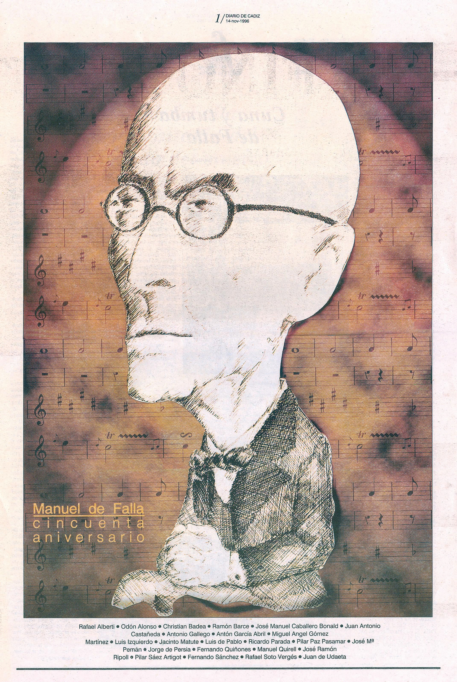 Portada completa del suplemento con el que Diario de Cádiz recordó el cincuentenario de la muerte de Manuel de Falla. Portada completa del suplemento con el que Diario de Cádiz recordó el cincuentenario de la muerte de Manuel de Falla.