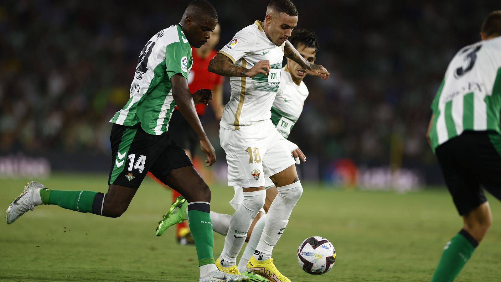William Carvalho trata de robarle un balón a Roger.