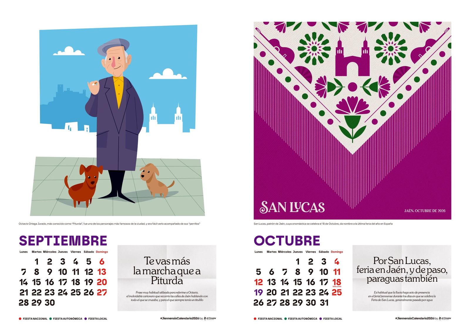 A la izquierda, Piturda, personaje callejero que fue muy querido por los jiennenses, protagoniza el mes de septiembre.