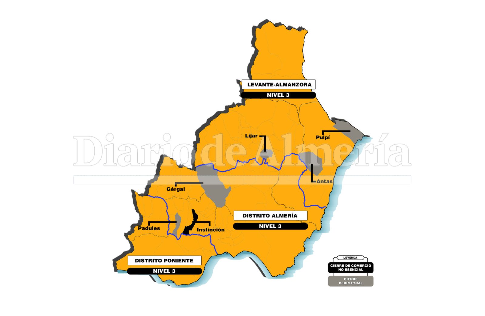Mapa de niveles de alerta y cierres perimetrales en Almería desde el 12 de marzo