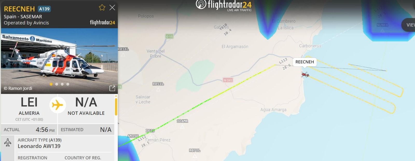 Seguimiento del helicóptero de Salvamento Marítimo en Flightradar24.