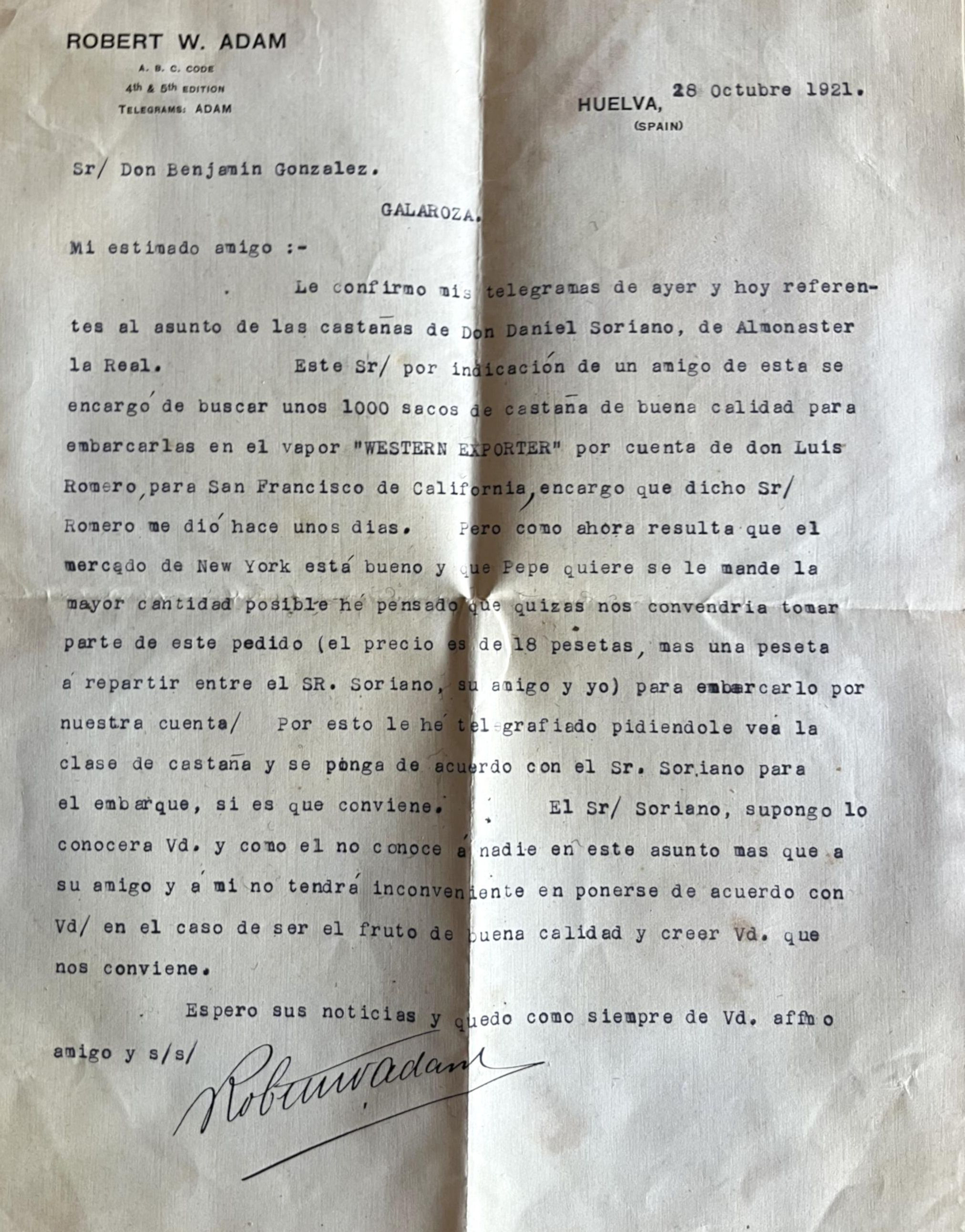 Carta con buenas perspectivas para las castañas serranas en 1921.
