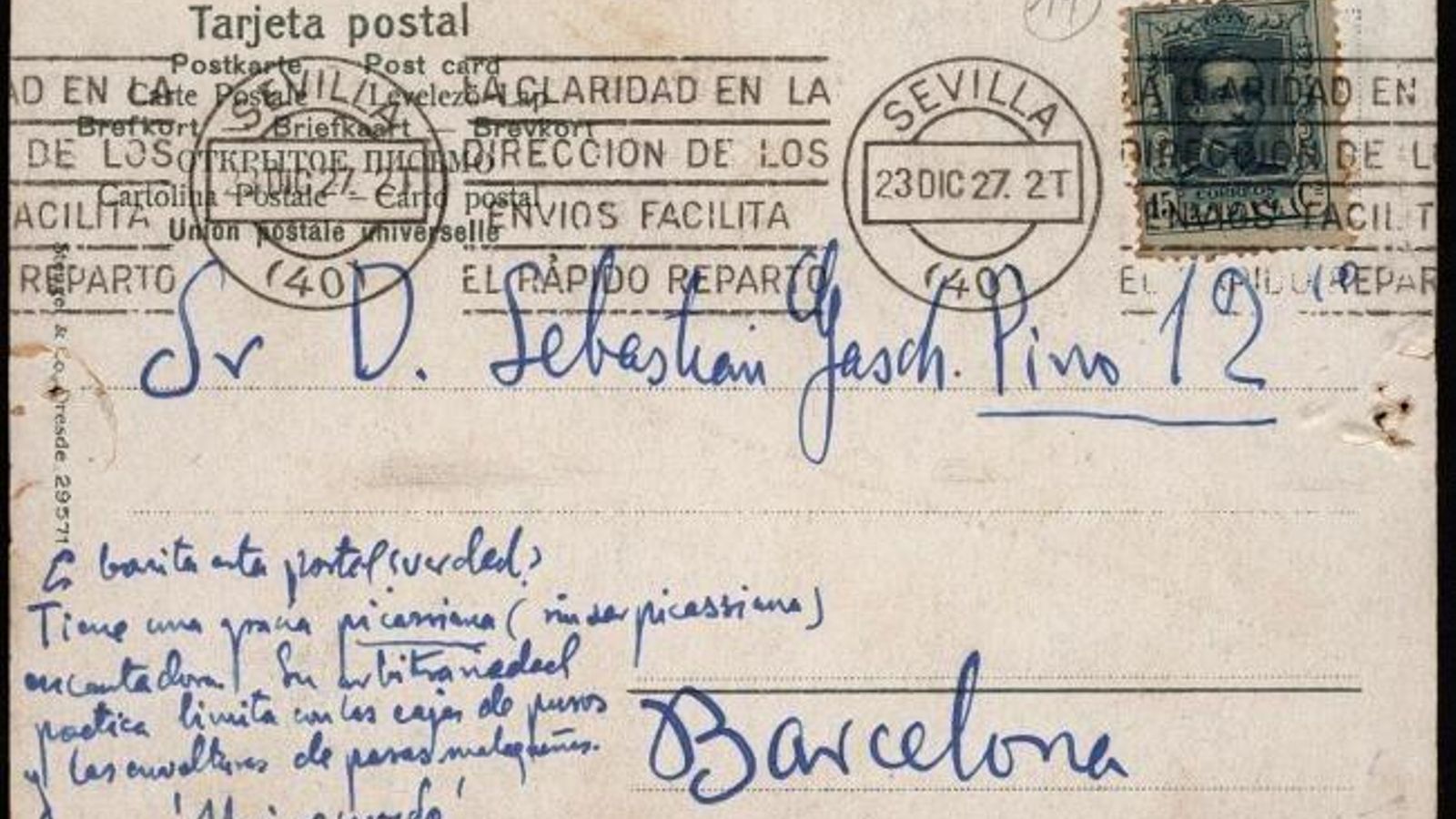 La postal enviada por Lorca desde Sevilla.