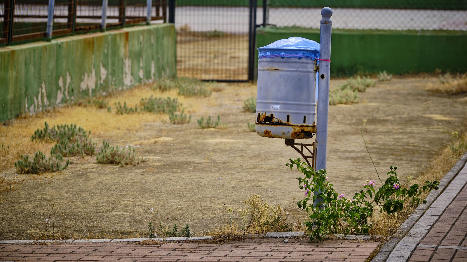 Una solitaria papelera, rota y herrumbrosa, junto a las pistas deportivas.