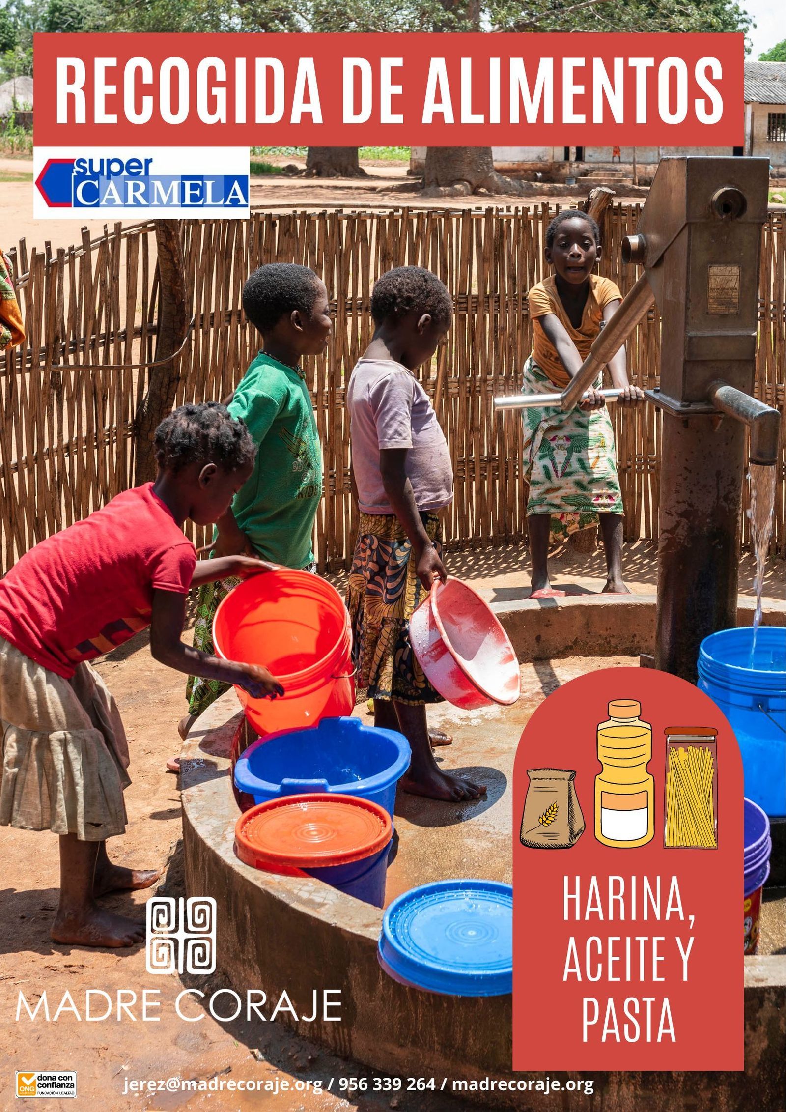 Detalle del cartel de la recogida de harina, aceite y pasta de este viernes 23.