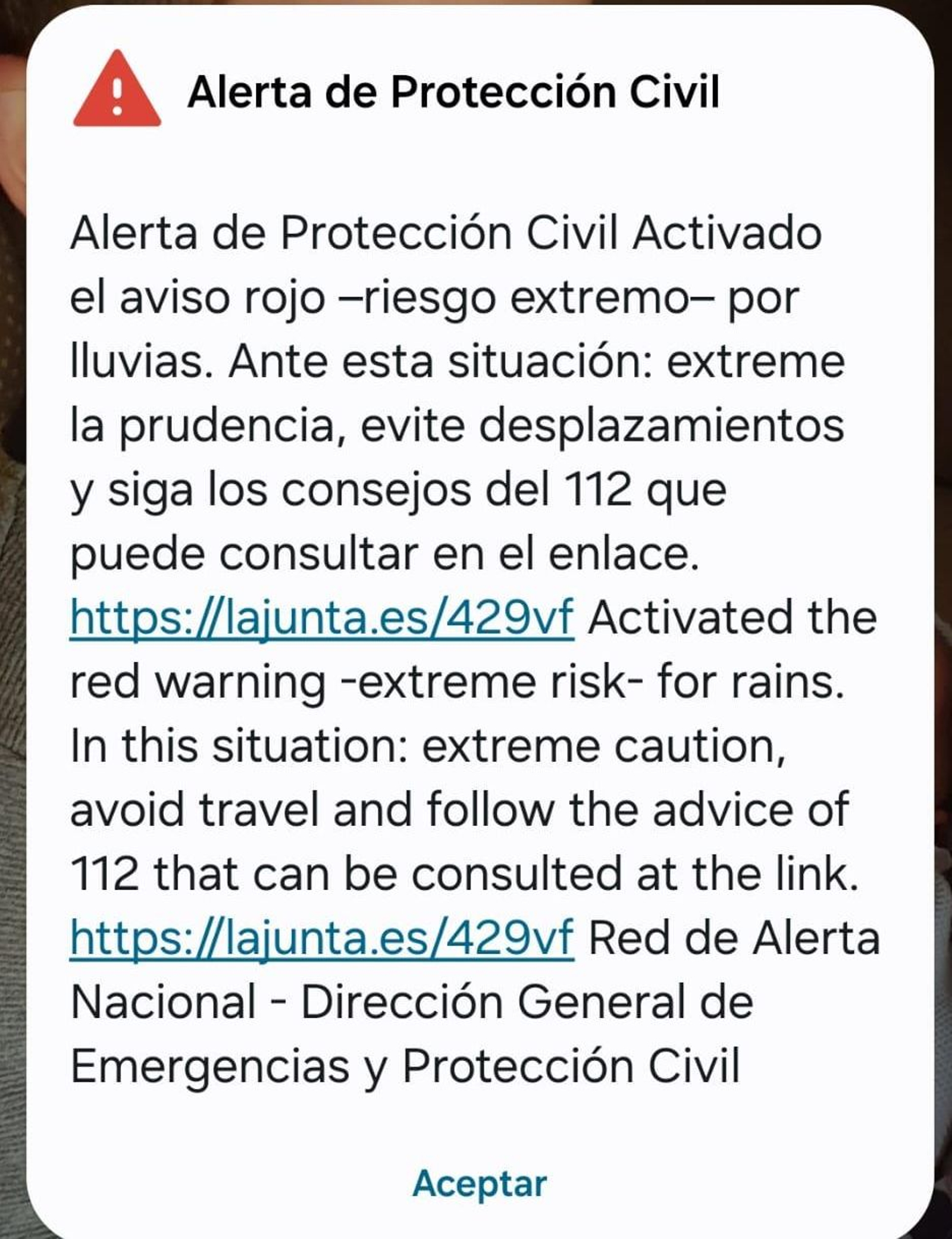MEnsaje de alerta a las 10:41 en la zona norte de Almería. MEnsaje de alerta a las 10:41 en la zona norte de Almería.