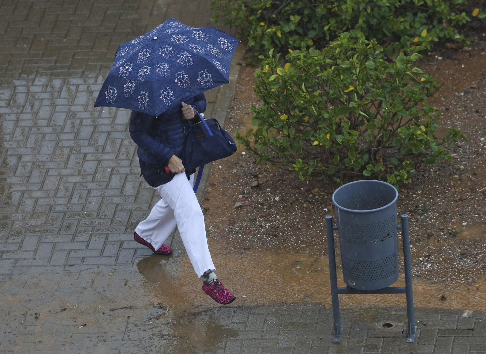 Una mujer se protege de la lluvia con un paraguas.