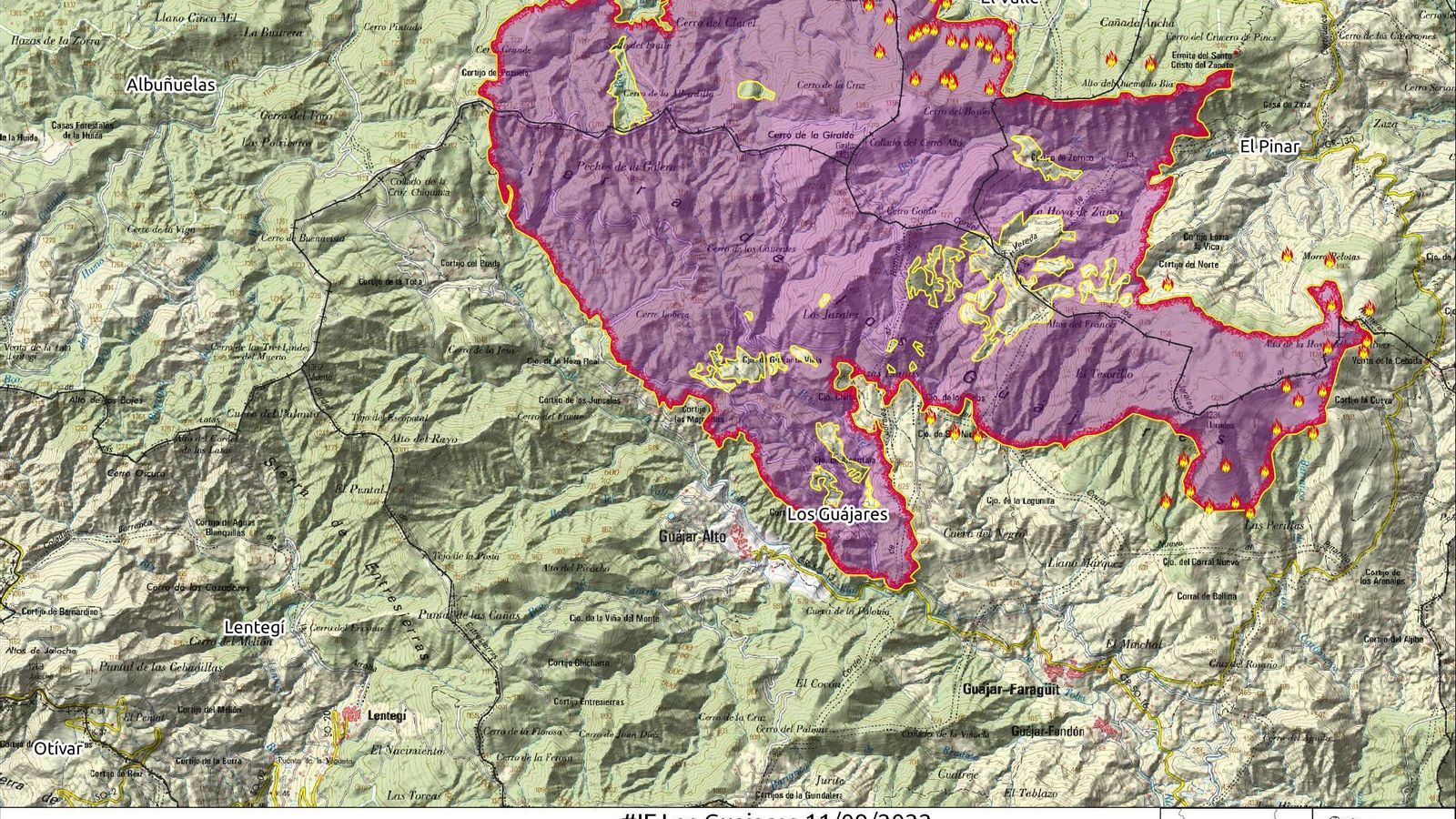 Situación del incendio de Los Guájares el domingo, la que tenía menos frentes de fuego