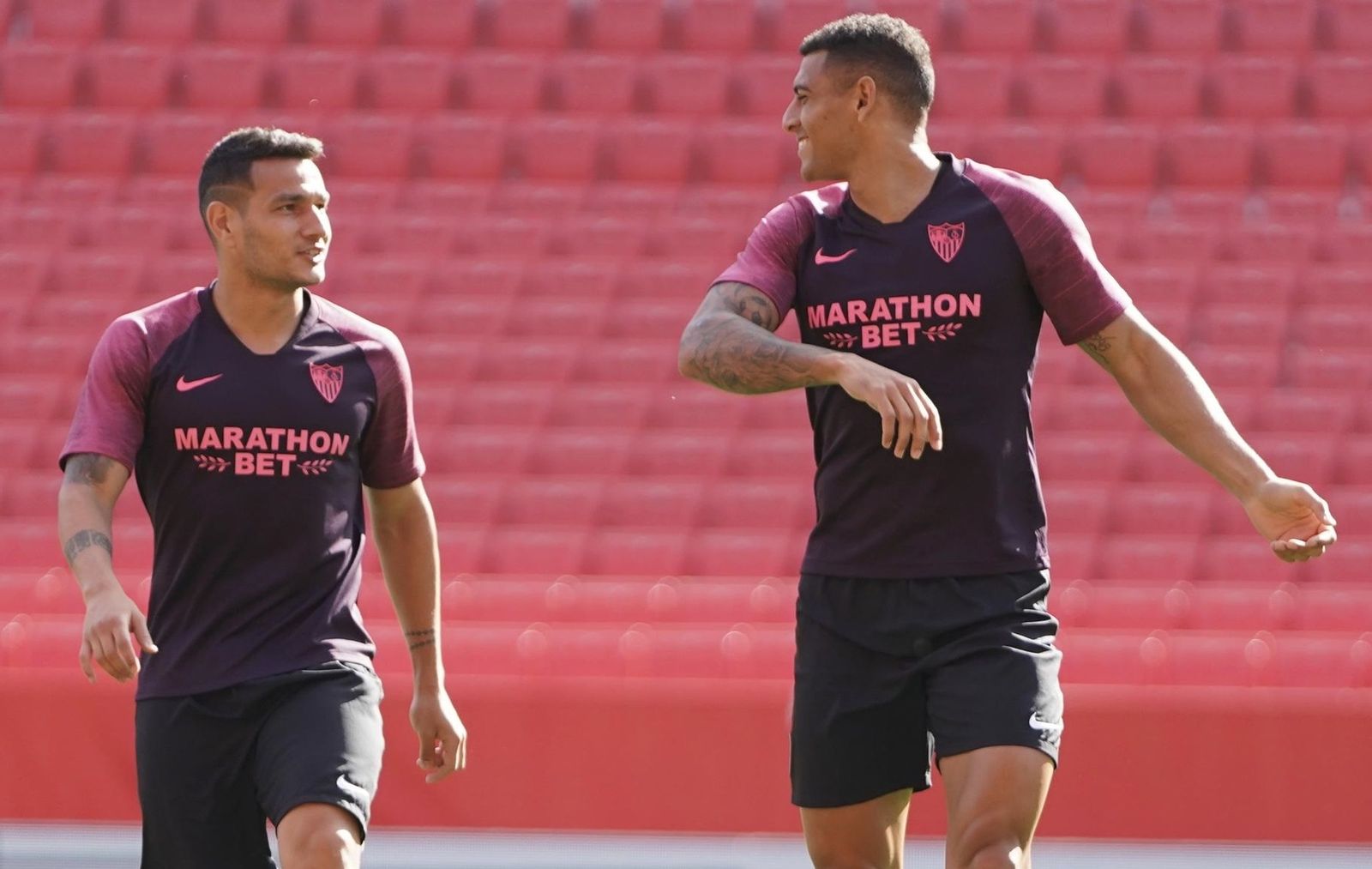 Rony Lopes y Diego Carlos, en un entrenamiento del Sevilla FC.