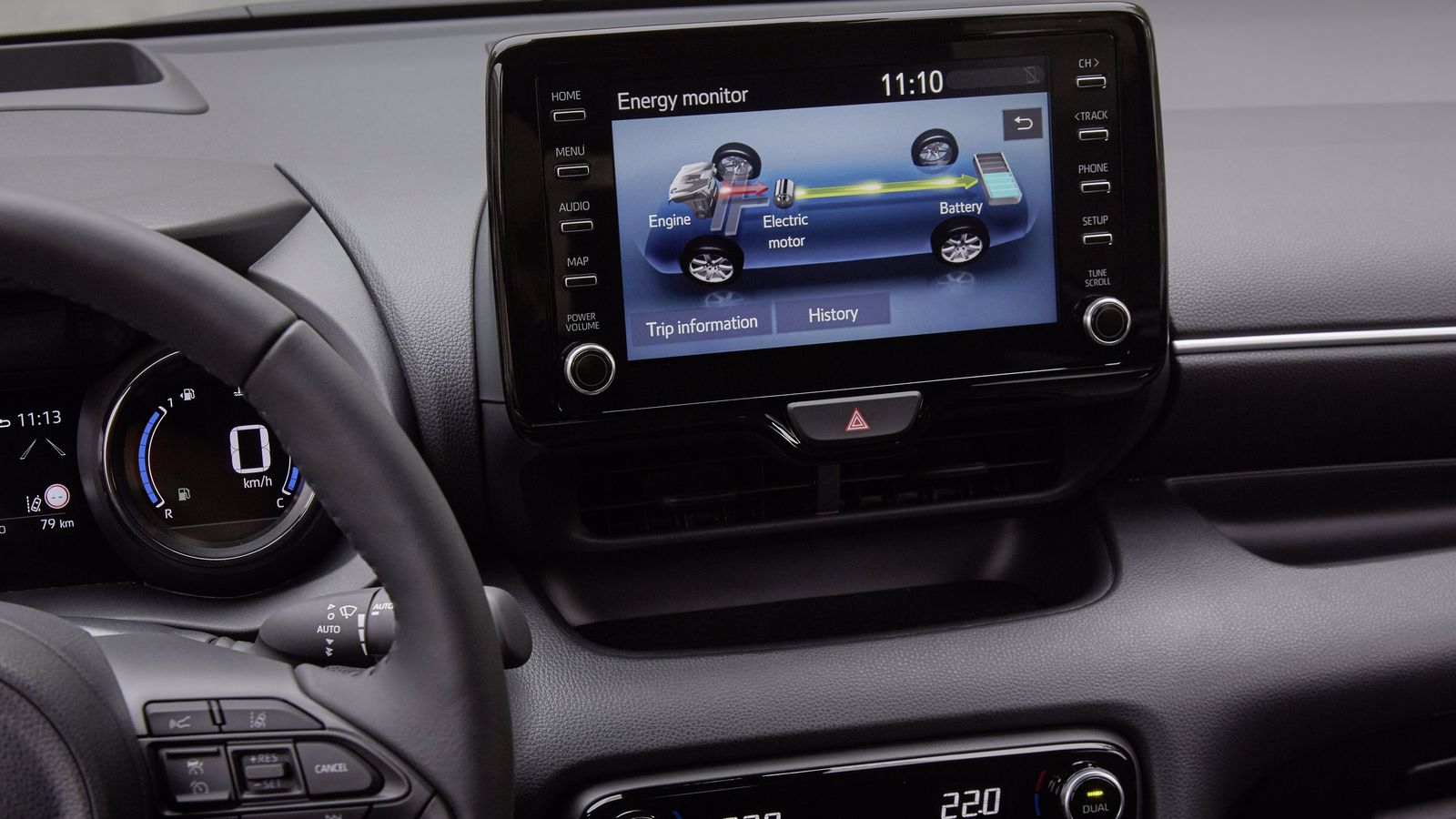 Las grafías que indican el flujo de energía entre los distintos motores, batería y ruedas son semejantes a las que utiliza Toyota.