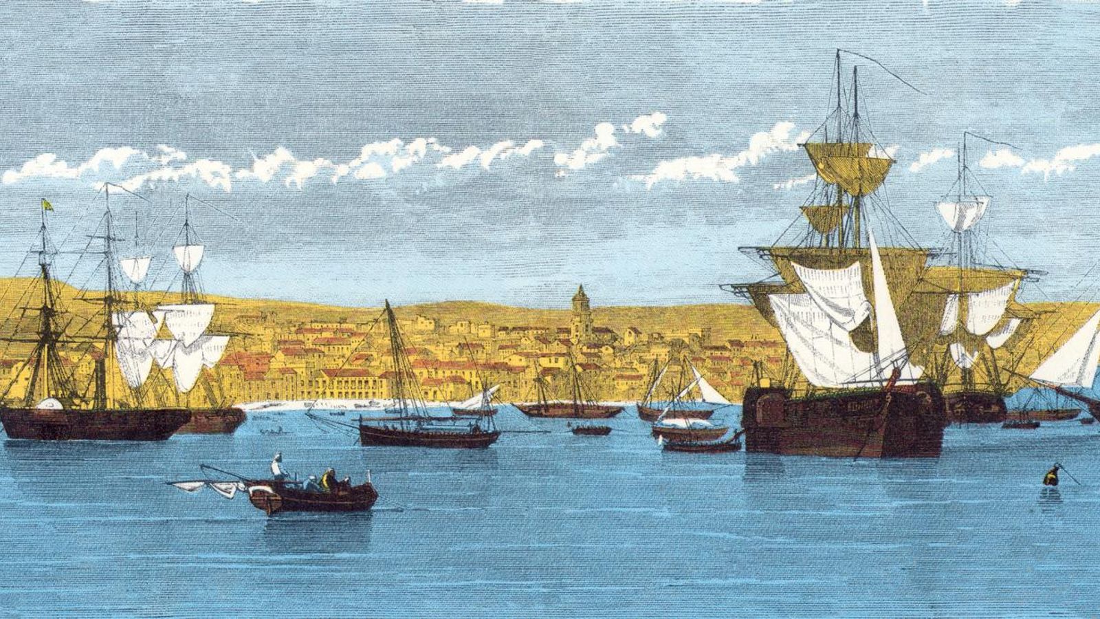 Grabado que representa la escuadra fondeada frente a Algeciras a la espera de transportar tropas para la Guerra de Marruecos. (Sacado de una fotografía de Charles Clifford publicado en 'The Illustrated London News'. 1859).