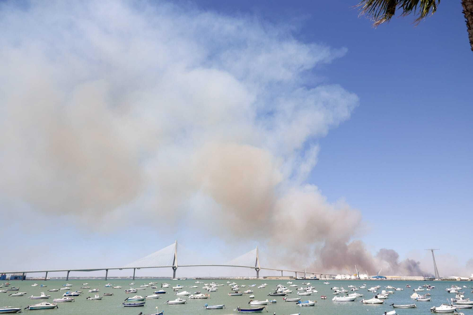Imágenes del gran incendio de Puerto Real, visible desde la Bahía de Cádiz