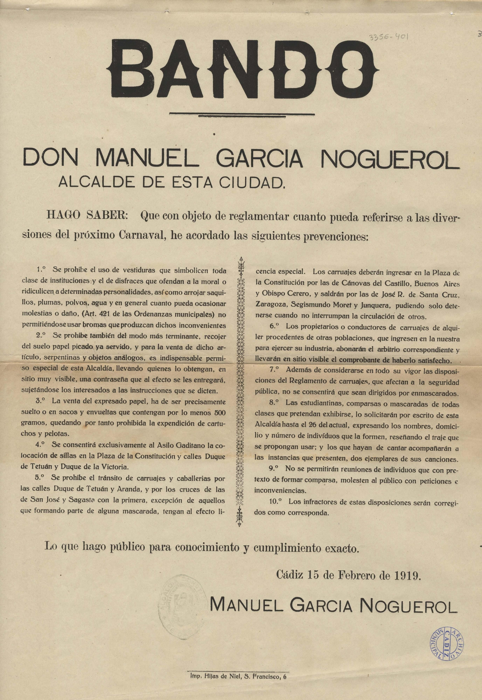Bando del alcalde Manuel García Noguerol del 15 de febrero, antes de la orden de suspensión del Carnaval.