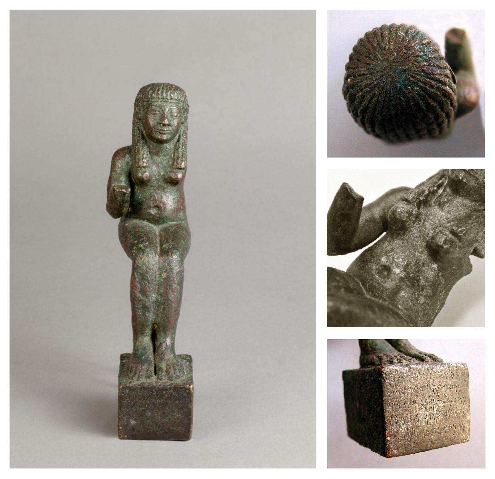 Estatuilla de Astarté con detalles en primer plano de varias partes de la pieza.