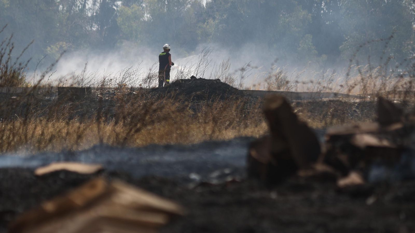Un bombero, sofocando el incendio de la zona de Caulina.
