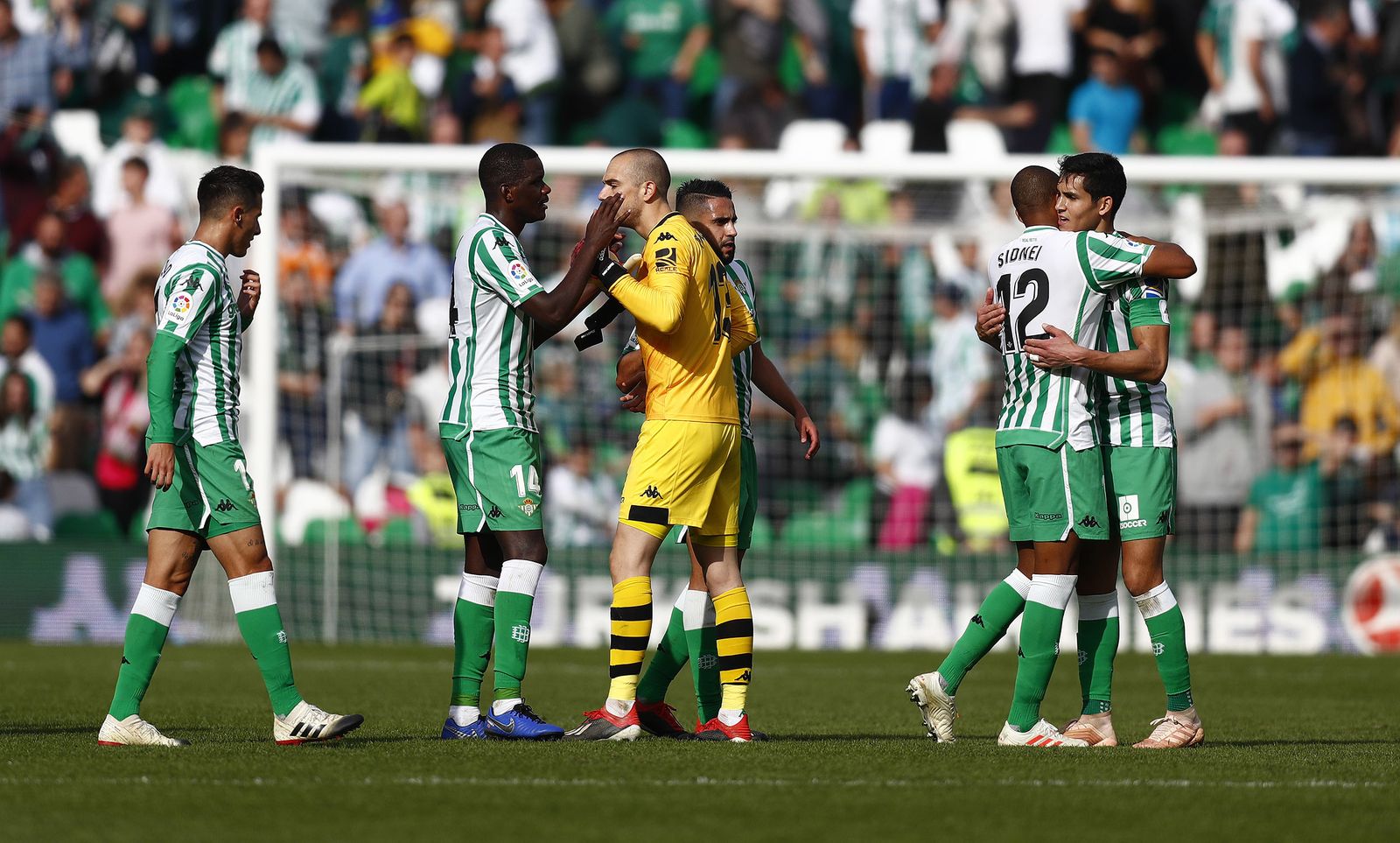 Los jugadores béticos celebran el triunfo sobre el césped.