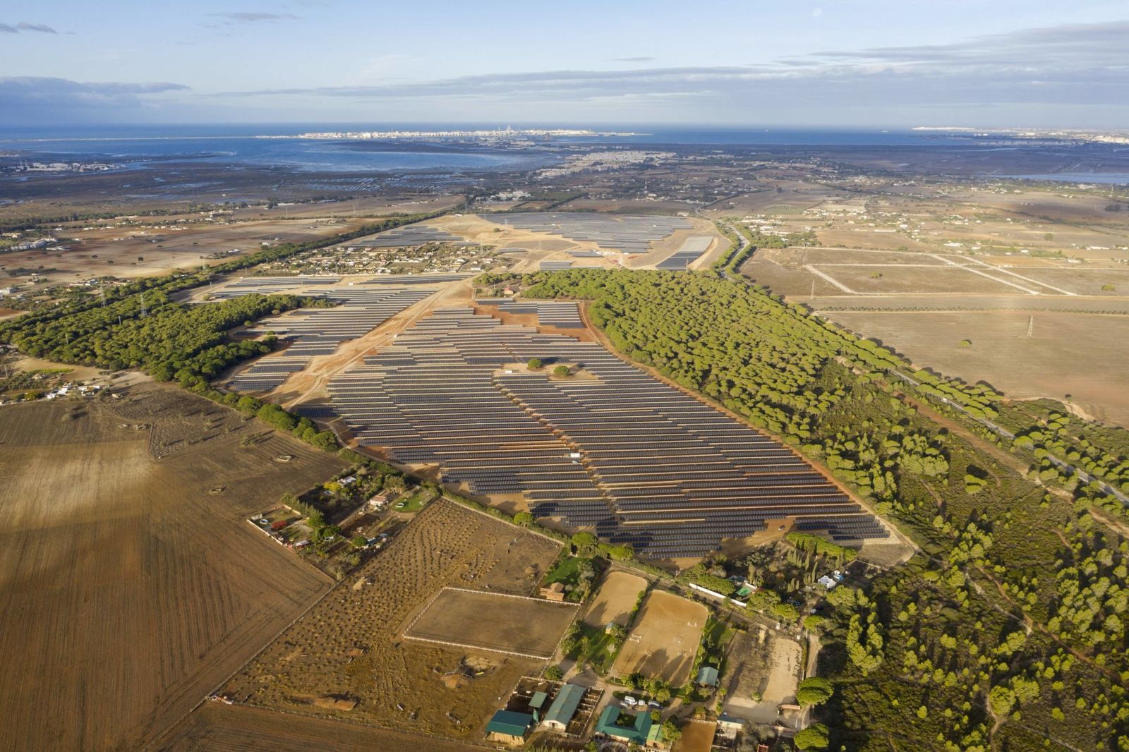 Vista aérea de la planta solar de Miramundo Opdenergy en Puerto Real.