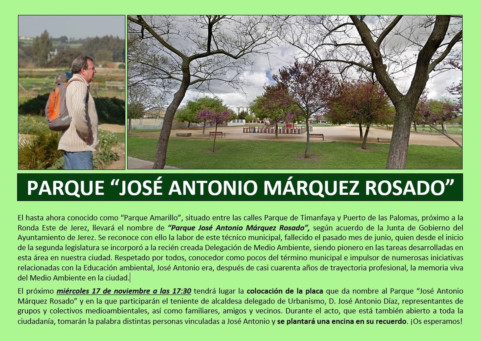 El 'Parque Amarillo' llevará el nombre de José Antonio Márquez Rosado