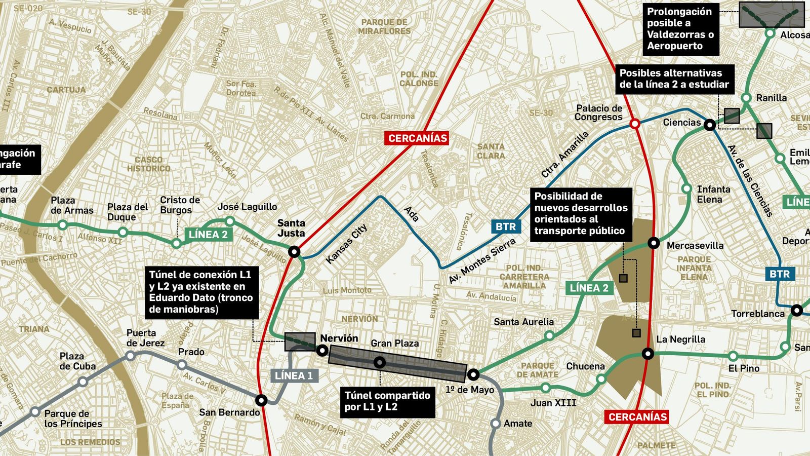 La propuesta de 'Sevillasemueve' para llevar la línea 2 del Metro al Este.