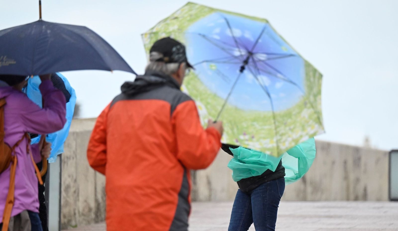Varias personas pasean bajo la lluvia en Córdoba.