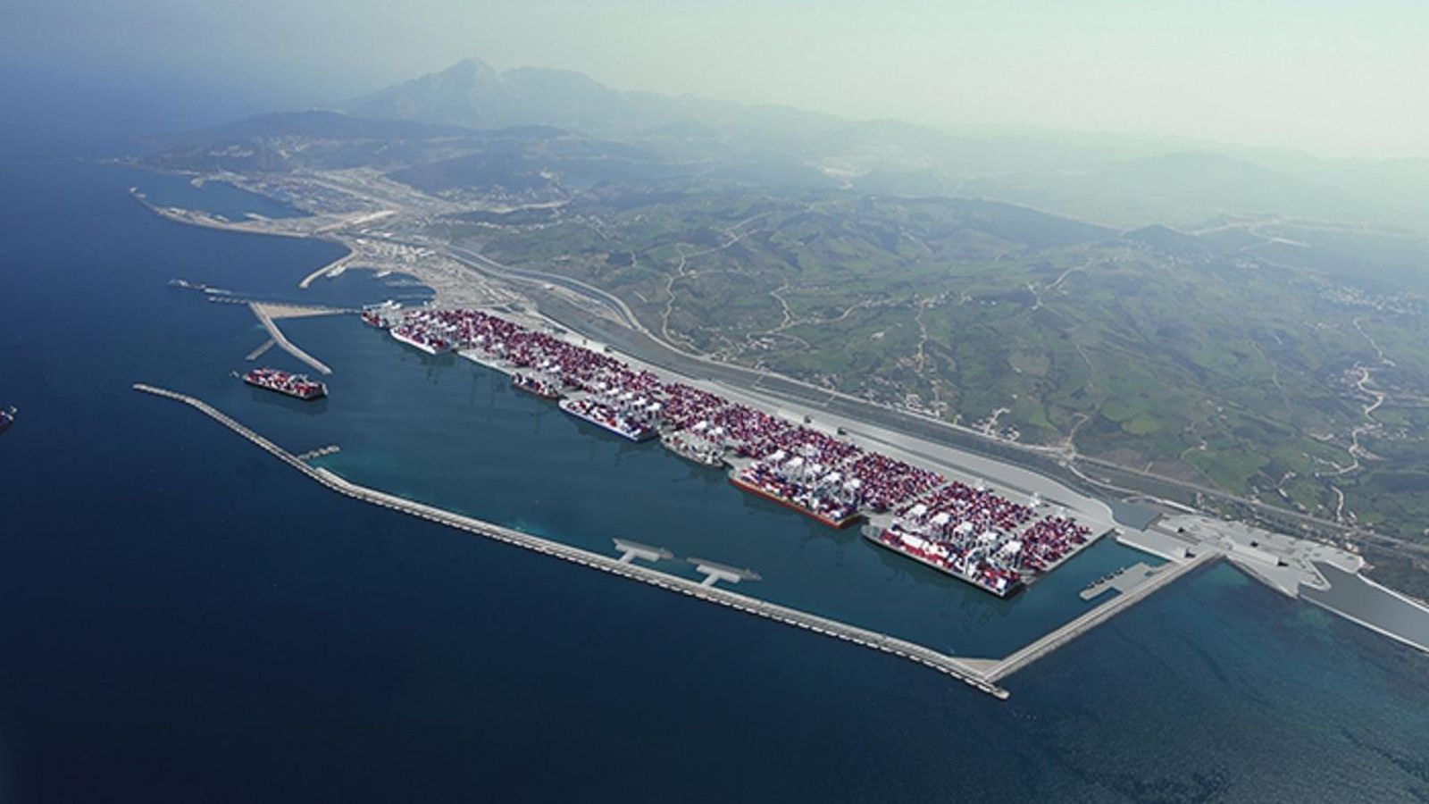 Recreación del puerto de Tanger Med II a pleno rendimiento.