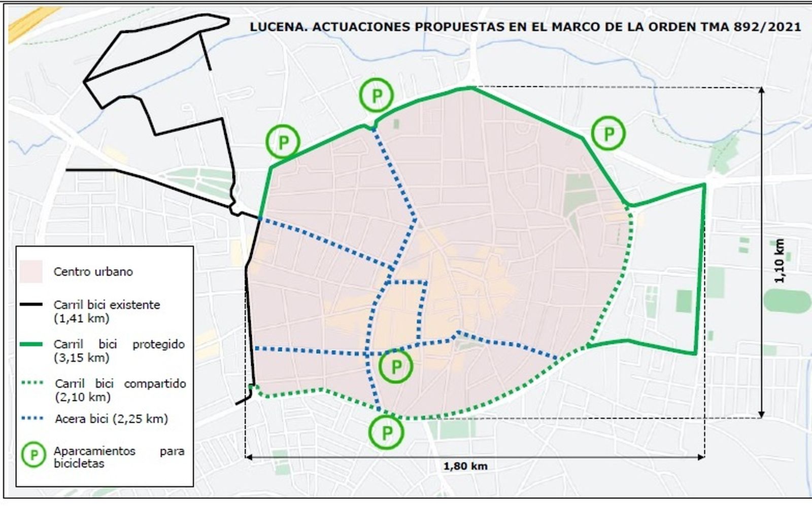 Trazados de carriles bici en Lucena a conseguir en esta fase.