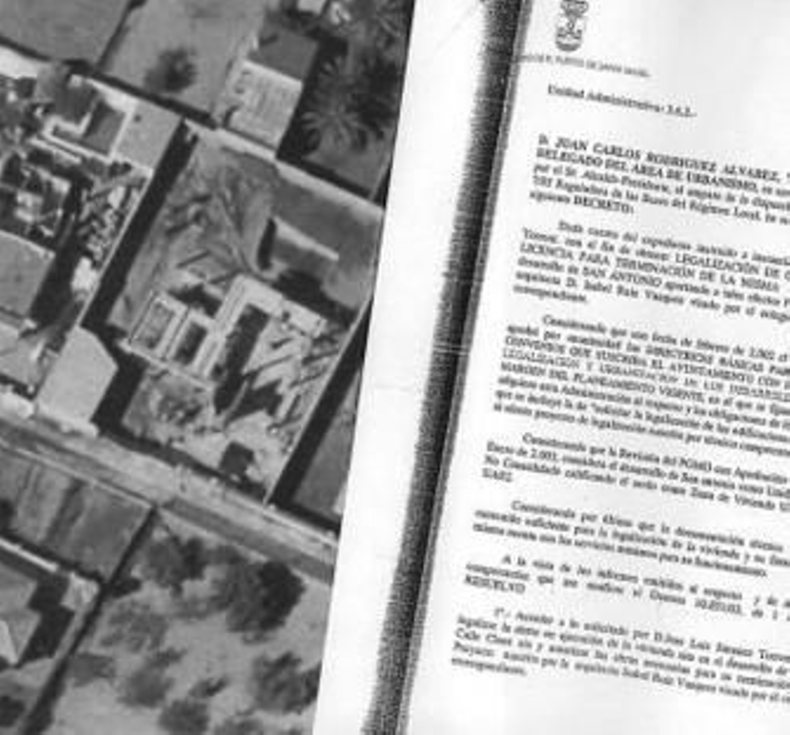 La orto foto de los cimientos y, a la derecha,  el decreto de Rodríguez.