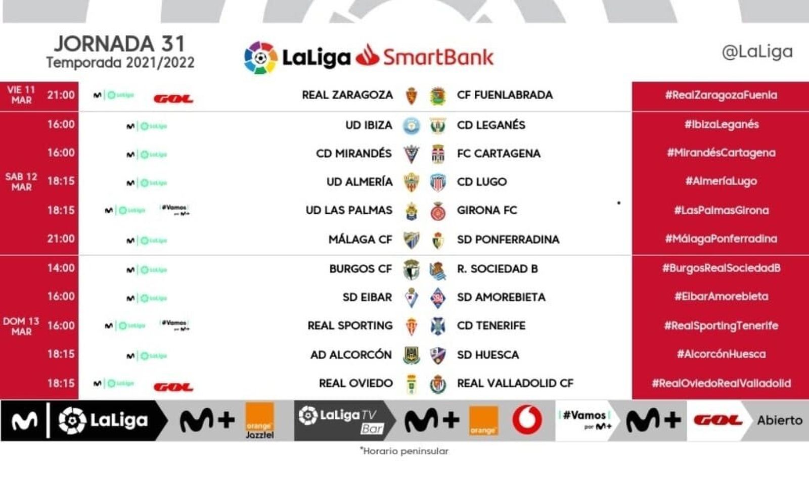 Horarios de la jornada 31 de LaLiga Smartbank.