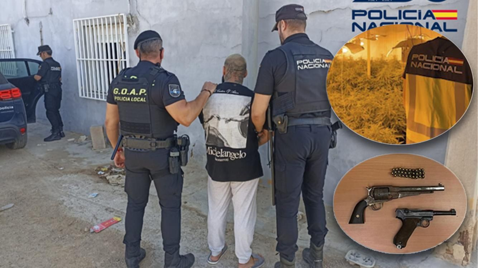 Detención de uno de los acusados de tráfico de drogas en Matagorda y parte de la droga y armas incautadas.