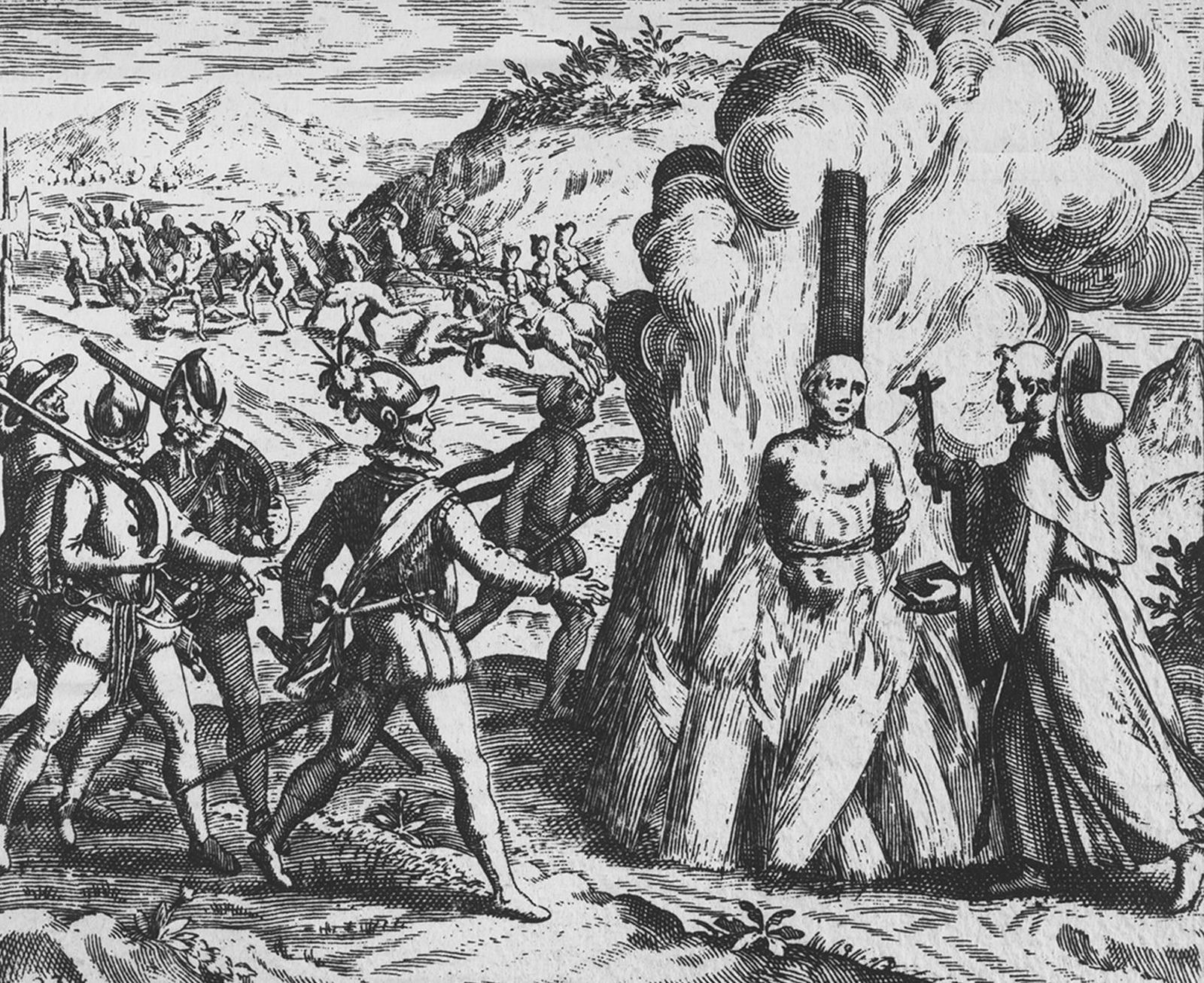 Grabado anónimo del siglo XVII sobre la Inquisición española en el Caribe.