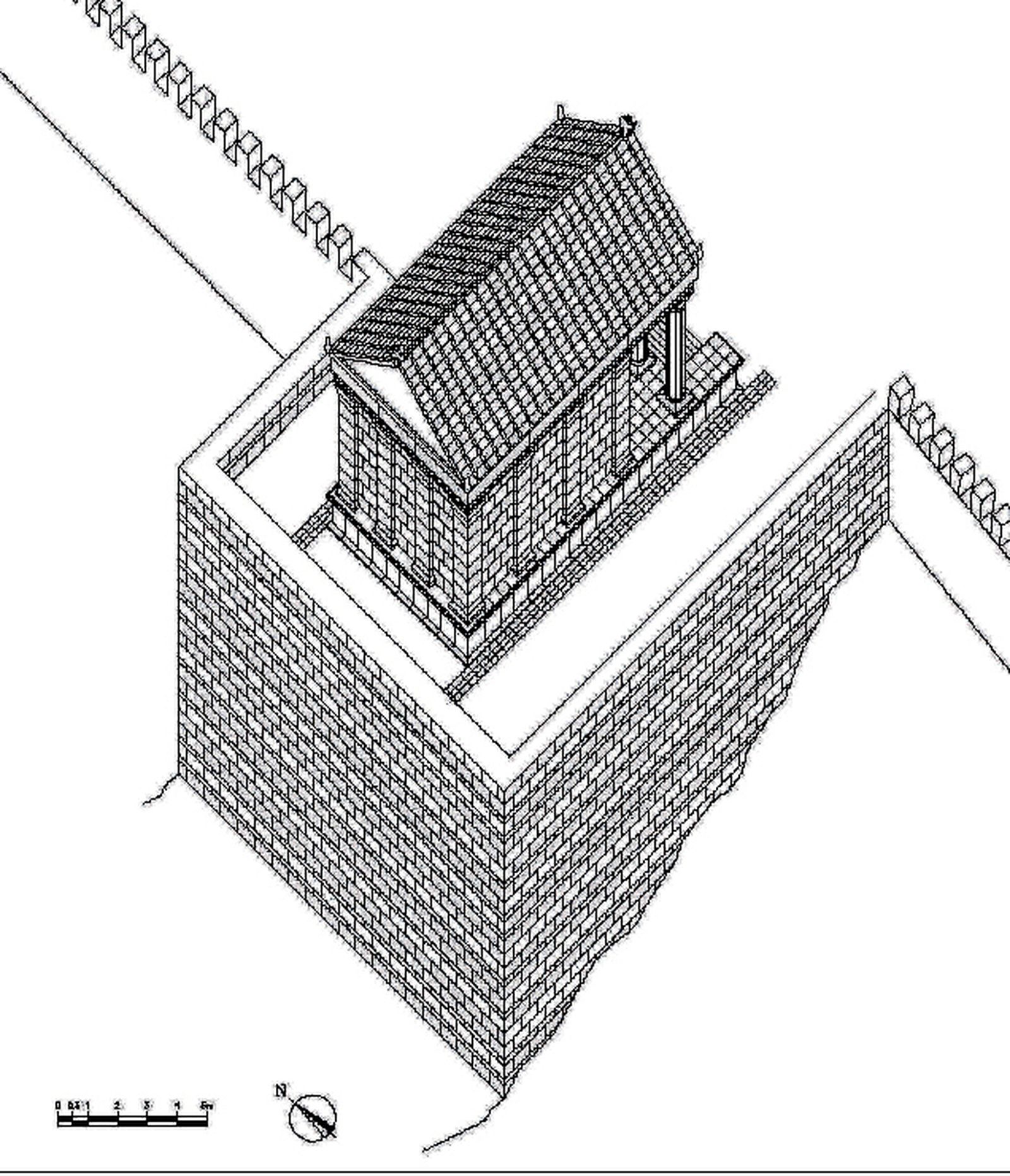 Reconstrucción hipotética de la plataforma de sustentación y del templo de la ciudad de Oba (Según Tabales et alii. Revisa SPAL, nº 29-2, 2020).