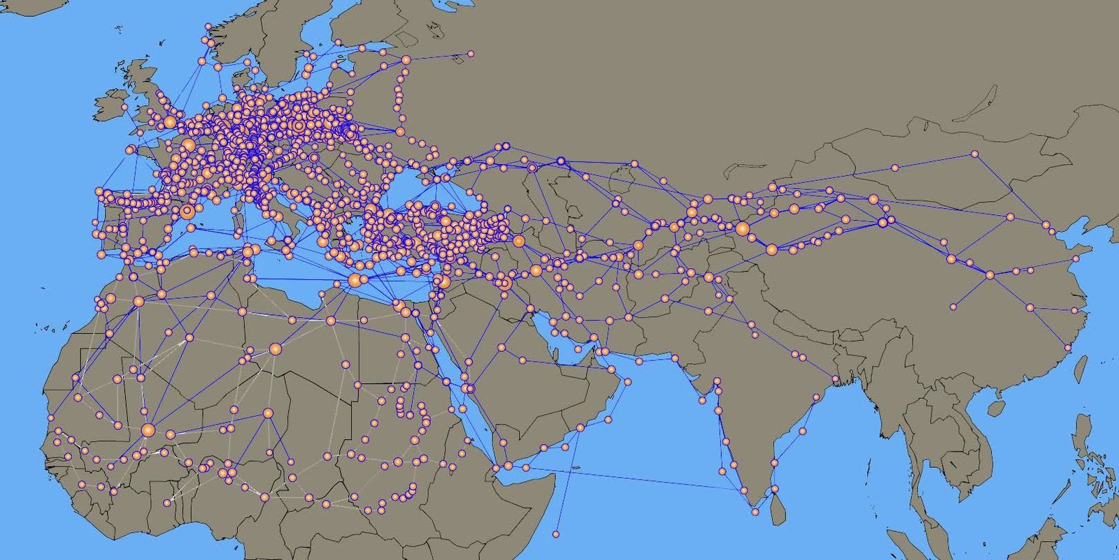 Representación de la red de comunicaciones entre las ciudades en la Edad Media.