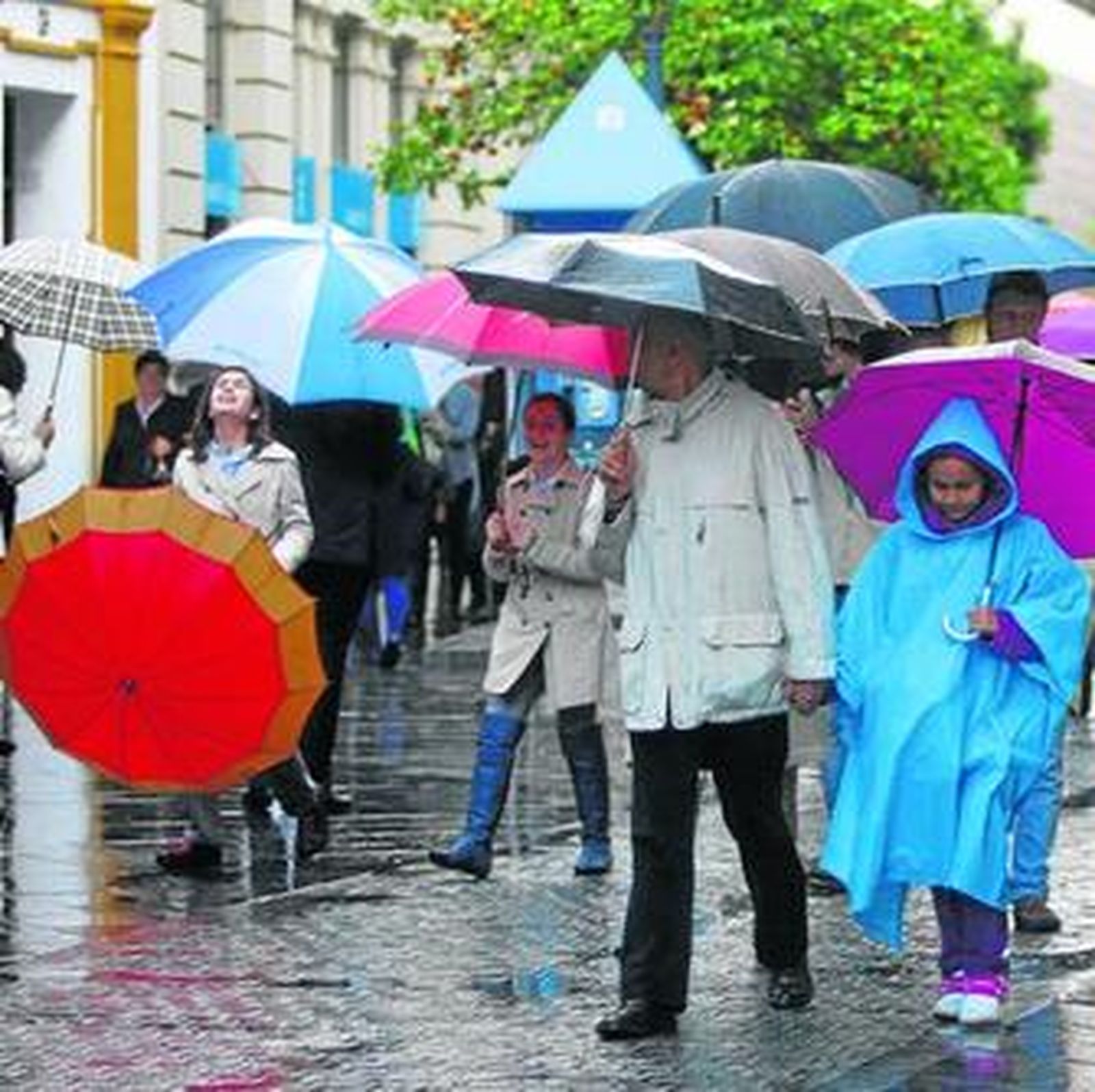 La lluvia fue  ayer persistente en la capital hispalense a partir del mediodía.