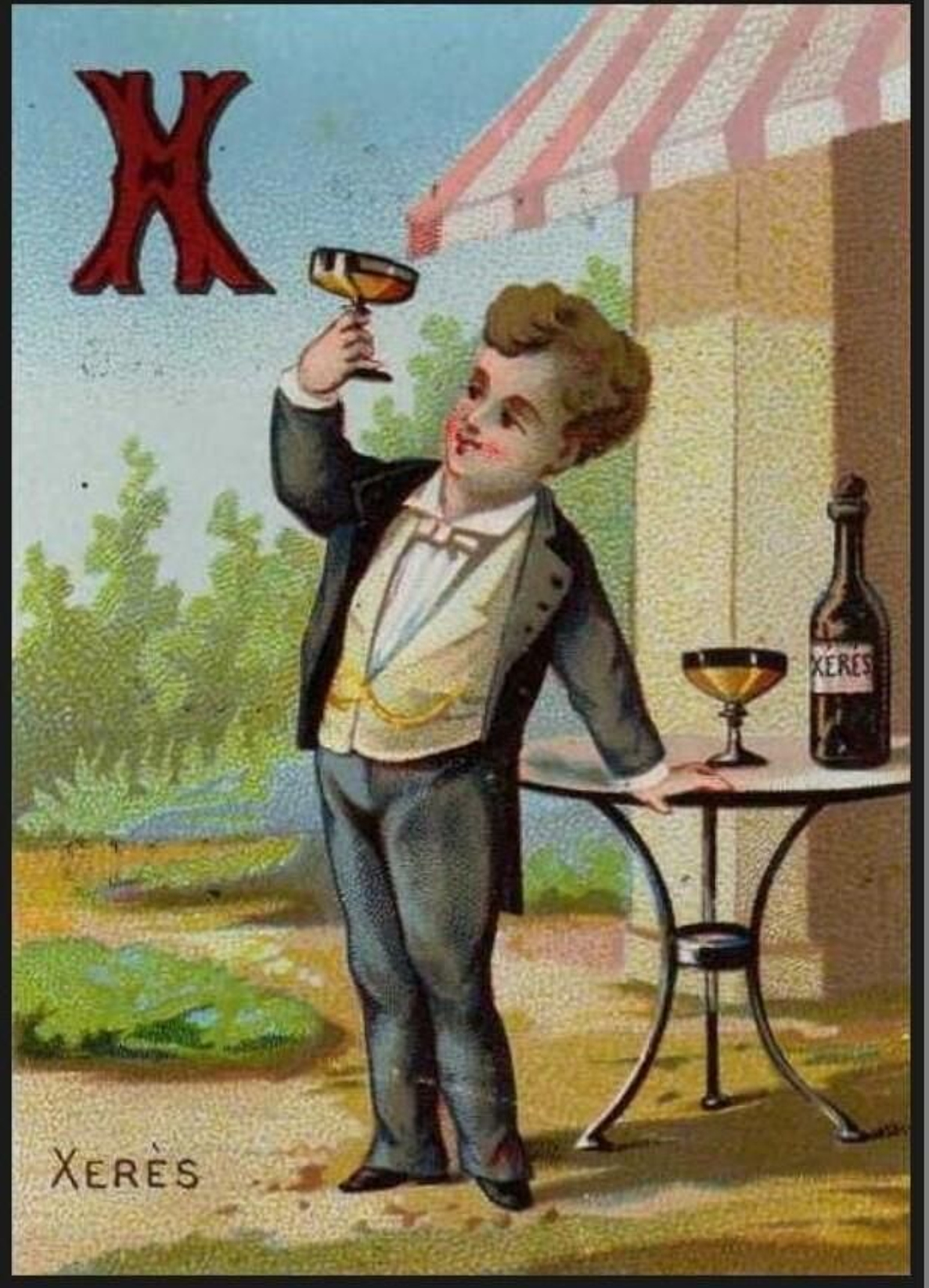 Cromo de joven elegante con copa y botella de Xérès.