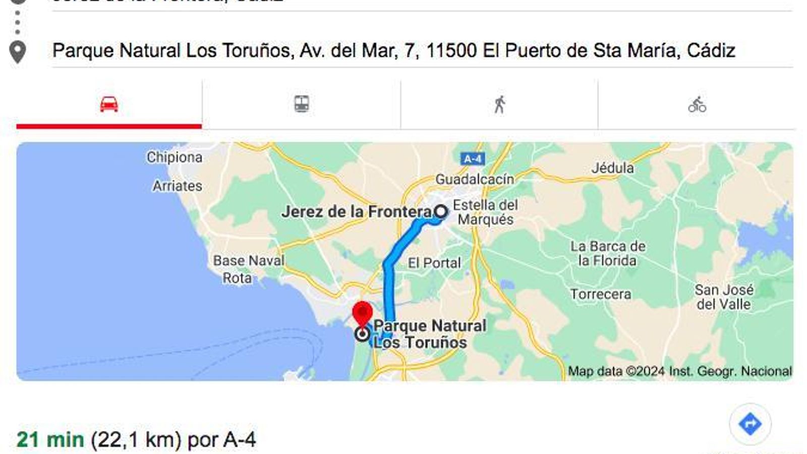 Distancia Jerez-Los Toruños.