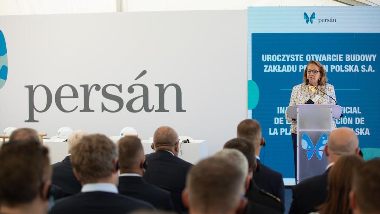 Concha Yoldi, interviene en el acto de colocación de la primera piedra de la nueva fábrica de Persán en Polonia.